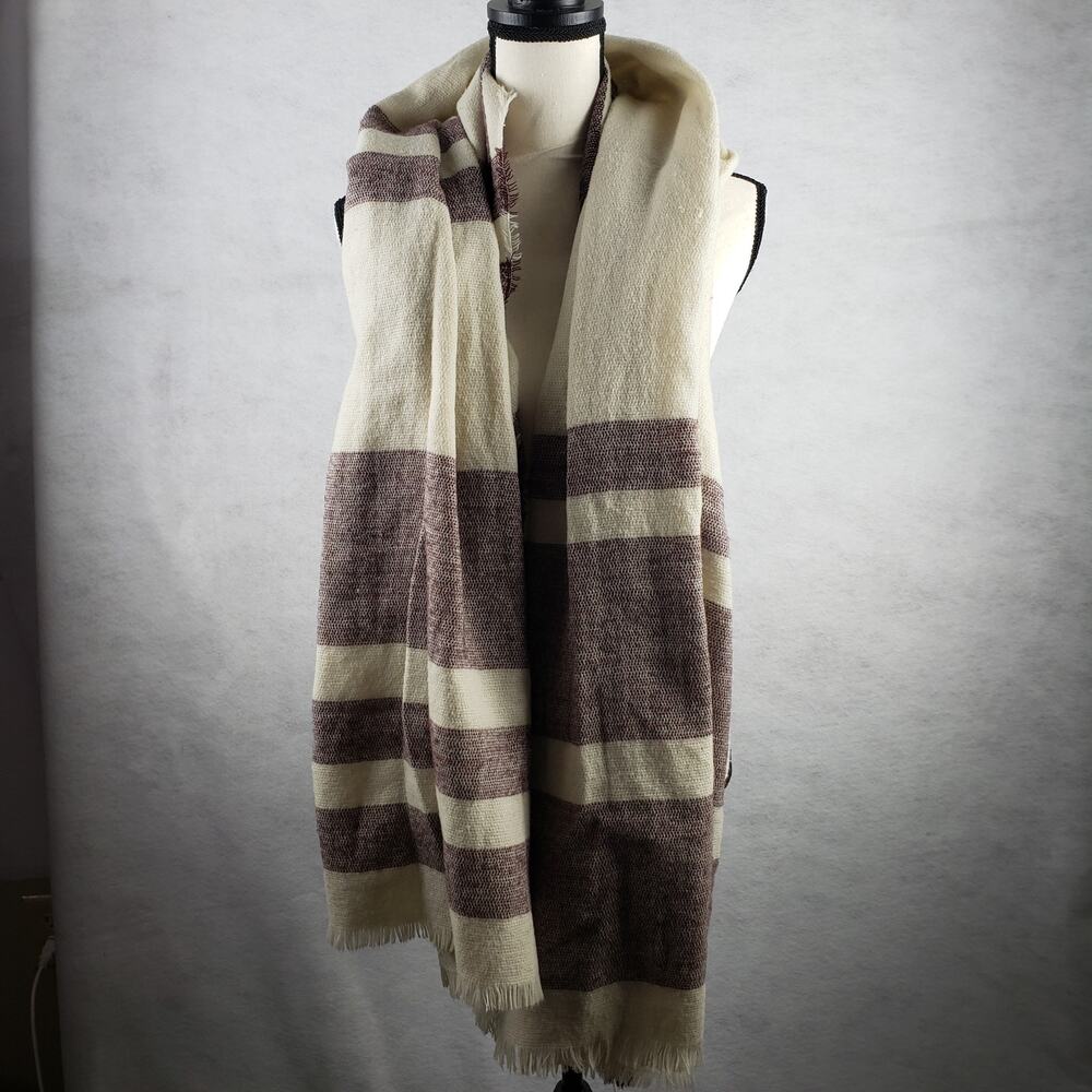 BP Women's One Size Fringe Plaid Blanket Scarf Beige Burgundy Fall Cozy Layering
